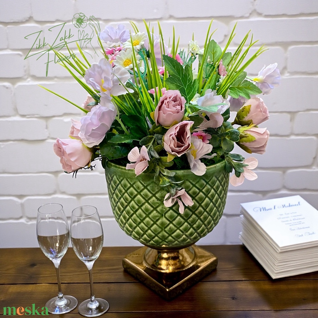 Zöld kaspós tavaszi kompozíció - otthon & életmód - virágdekoráció - virágdíszek - asztali virágdísz - Meska.hu