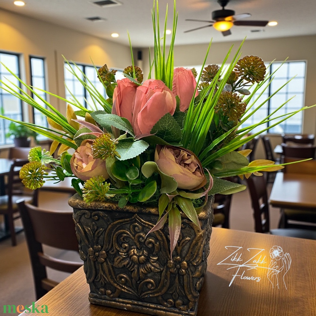 Vintage bronz kaspós rózsa örök virágkompozíció - ünnepi díszek, dekorációk - húsvéti díszek és dekorációk - húsvéti asztaldíszek - Meska.hu