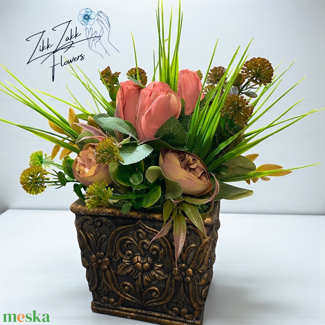 Vintage bronz kaspós rózsa örök virágkompozíció - ünnepi díszek, dekorációk - húsvéti díszek és dekorációk - húsvéti asztaldíszek - Meska.hu