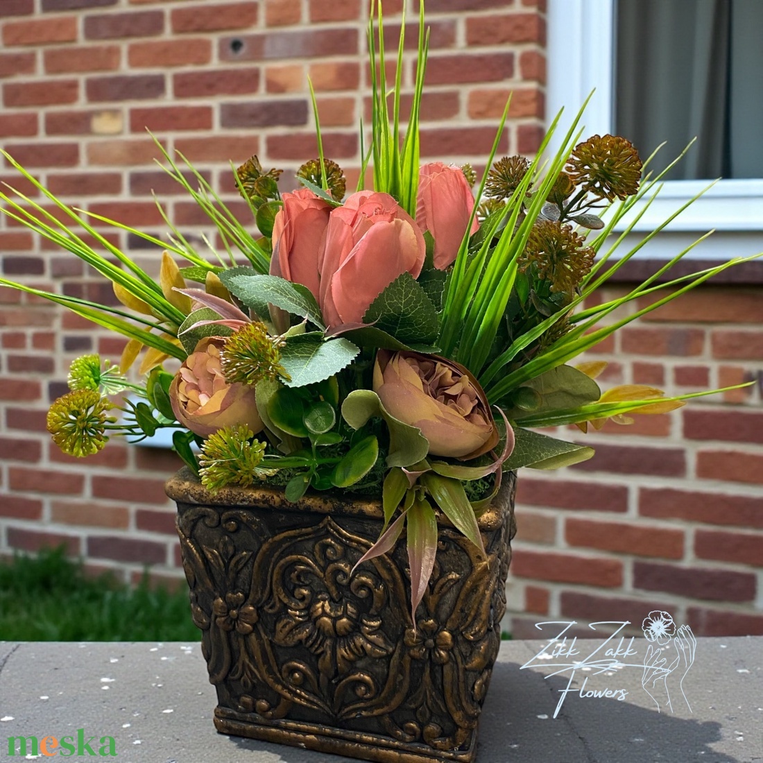 Vintage bronz kaspós rózsa örök virágkompozíció - ünnepi díszek, dekorációk - húsvéti díszek és dekorációk - húsvéti asztaldíszek - Meska.hu