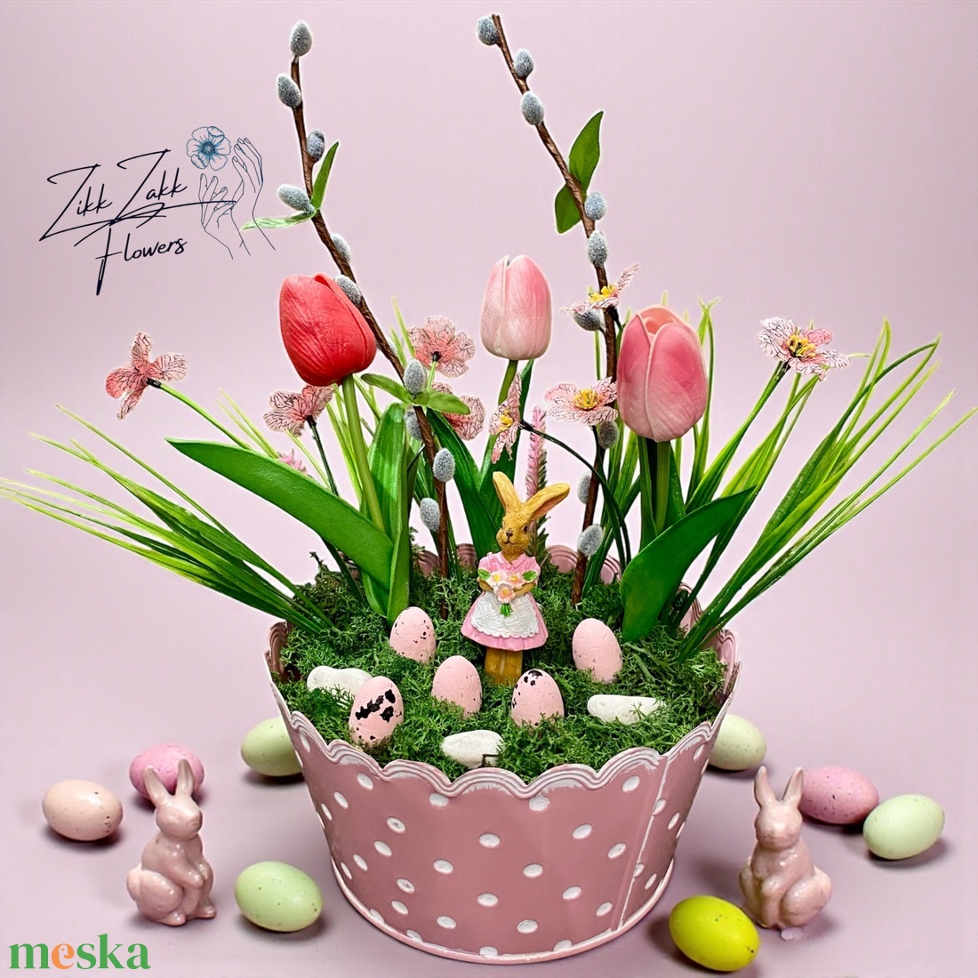 Húsvéti asztaldísz nyuszival és tojásokkal � rózsaszín pöttyös kaspóban - ünnepi díszek, dekorációk - húsvéti díszek és dekorációk - húsvéti asztaldíszek - Meska.hu