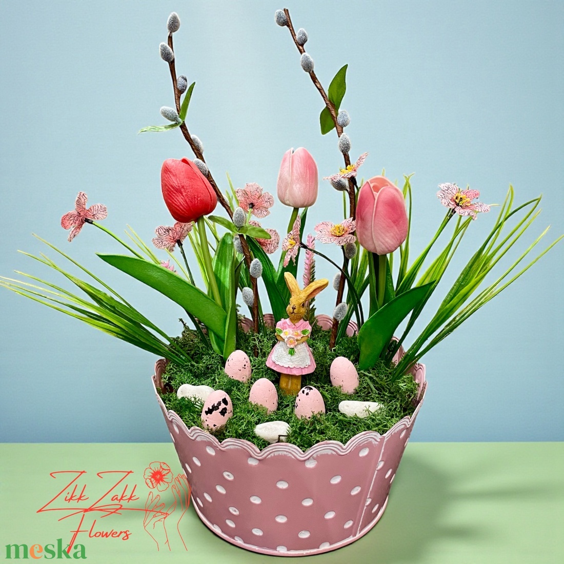 Húsvéti asztaldísz nyuszival és tojásokkal � rózsaszín pöttyös kaspóban - ünnepi díszek, dekorációk - húsvéti díszek és dekorációk - húsvéti asztaldíszek - Meska.hu