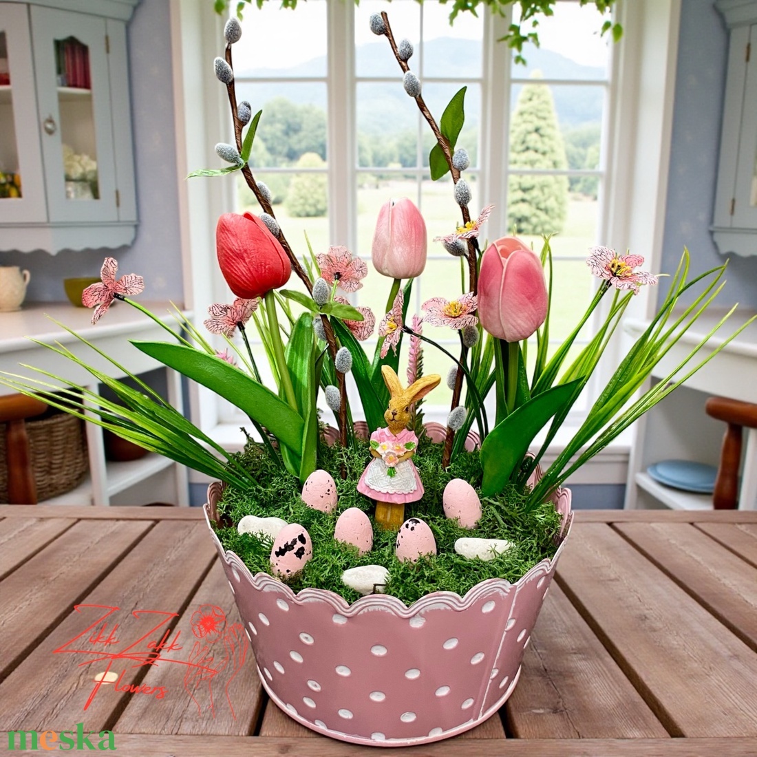 Húsvéti asztaldísz nyuszival és tojásokkal � rózsaszín pöttyös kaspóban - ünnepi díszek, dekorációk - húsvéti díszek és dekorációk - húsvéti asztaldíszek - Meska.hu