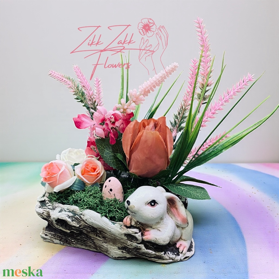 Húsvéti Nyuszi Kompozíció � Rózsás Tavaszi Dísz - ünnepi díszek, dekorációk - húsvéti díszek és dekorációk - húsvéti asztaldíszek - Meska.hu