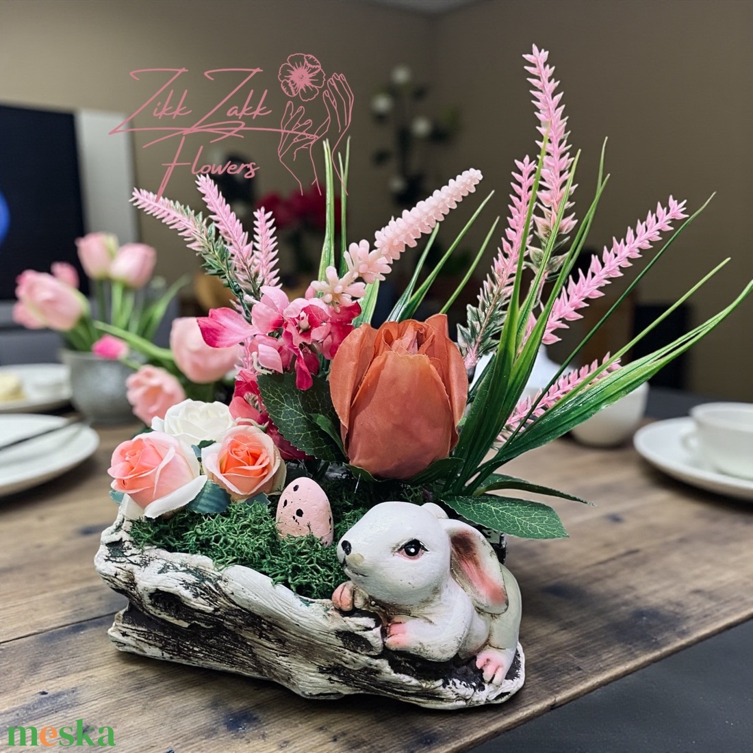 Húsvéti Nyuszi Kompozíció � Rózsás Tavaszi Dísz - ünnepi díszek, dekorációk - húsvéti díszek és dekorációk - húsvéti asztaldíszek - Meska.hu
