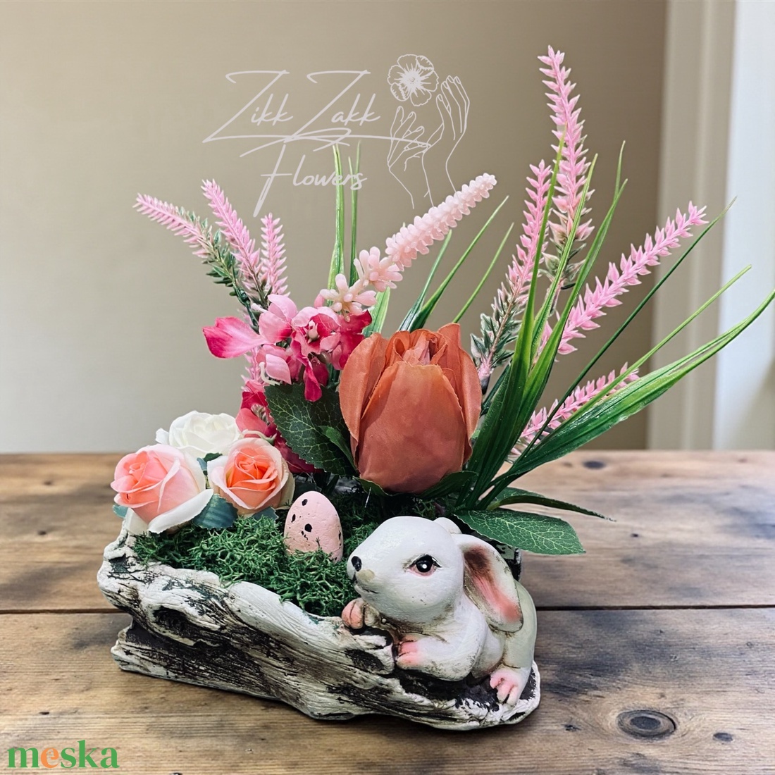 Húsvéti Nyuszi Kompozíció � Rózsás Tavaszi Dísz - ünnepi díszek, dekorációk - húsvéti díszek és dekorációk - húsvéti asztaldíszek - Meska.hu