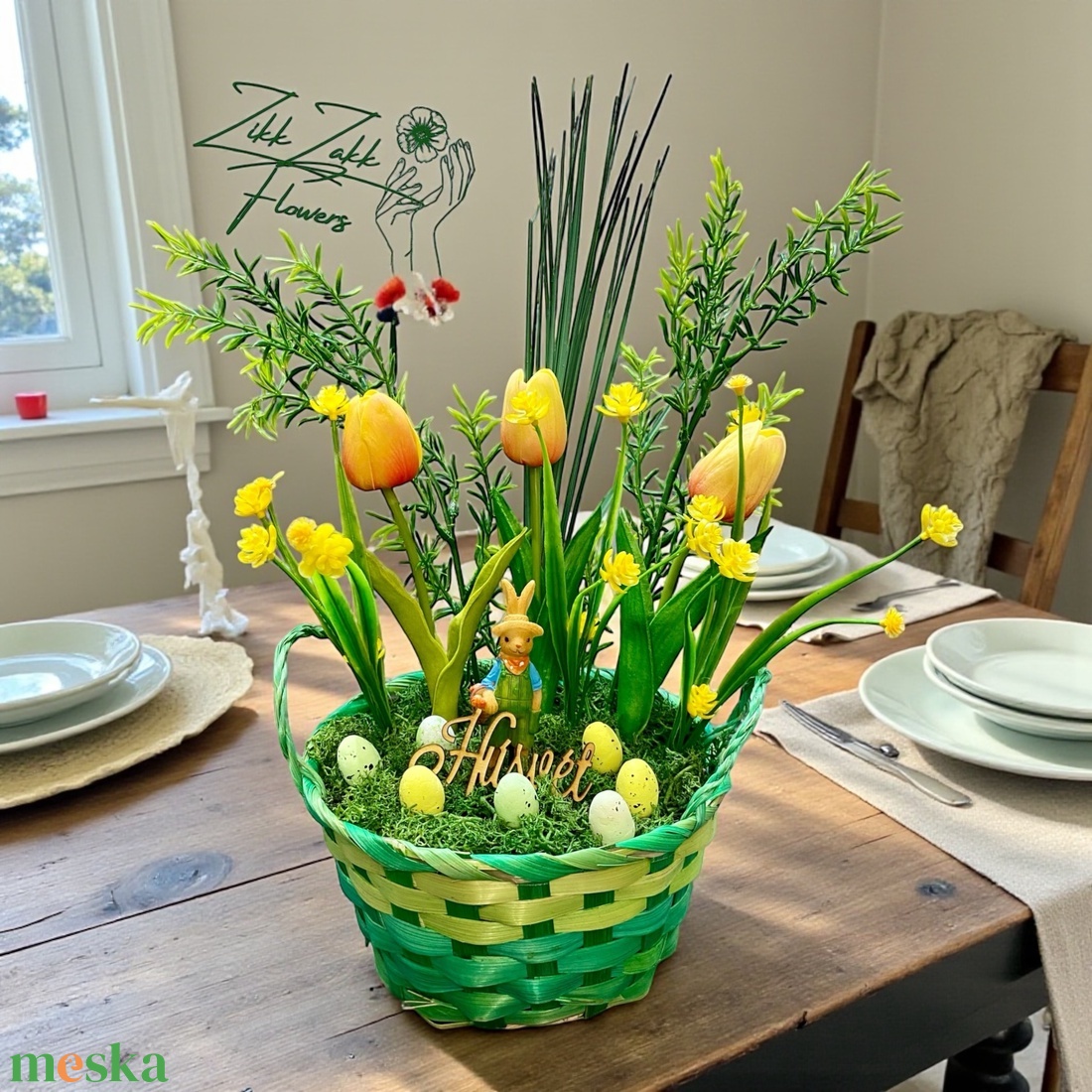 Húsvéti Tulipán Kompozíció � Zöld Kosárban - ünnepi díszek, dekorációk - húsvéti díszek és dekorációk - húsvéti asztaldíszek - Meska.hu