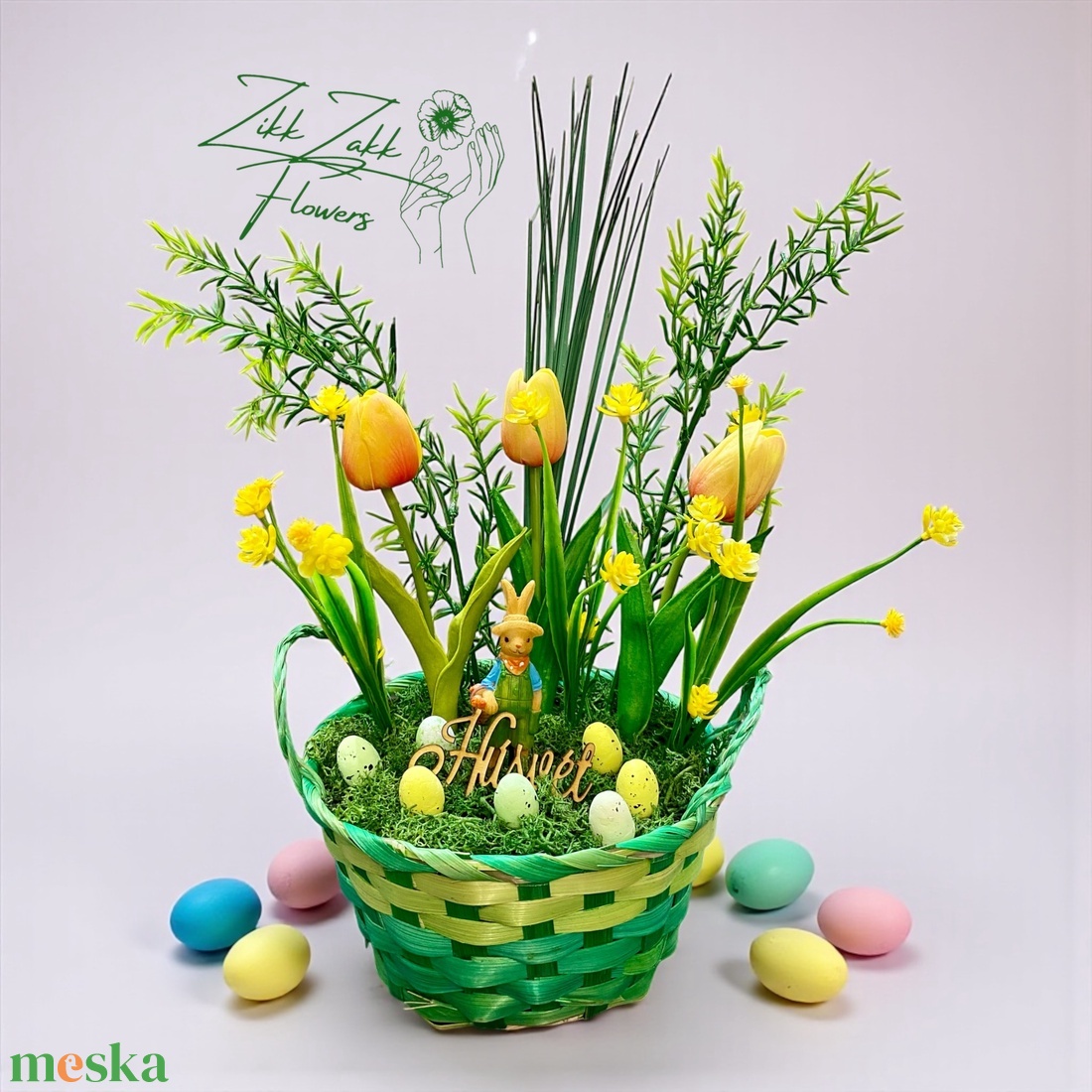 Húsvéti Tulipán Kompozíció � Zöld Kosárban - ünnepi díszek, dekorációk - húsvéti díszek és dekorációk - húsvéti asztaldíszek - Meska.hu