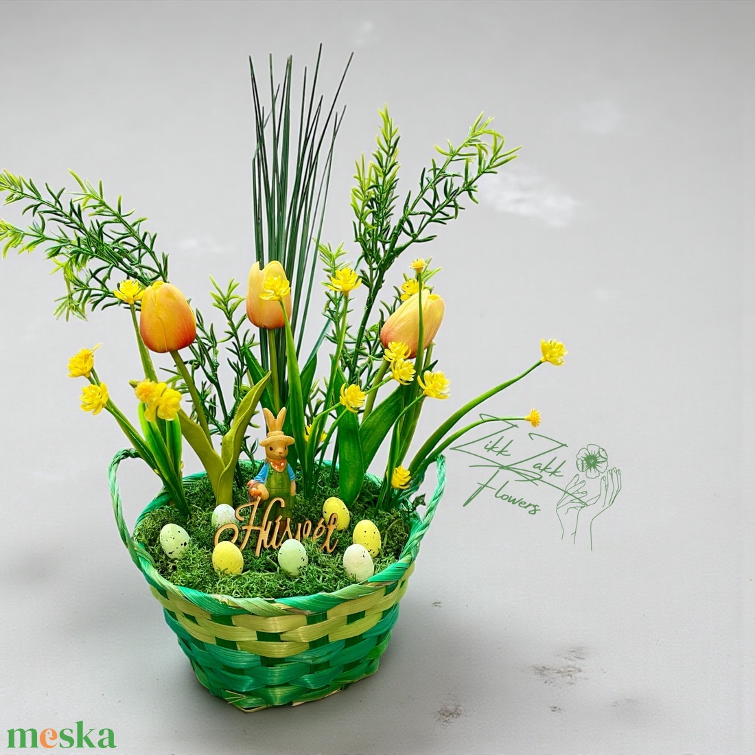 Húsvéti Tulipán Kompozíció � Zöld Kosárban - ünnepi díszek, dekorációk - húsvéti díszek és dekorációk - húsvéti asztaldíszek - Meska.hu