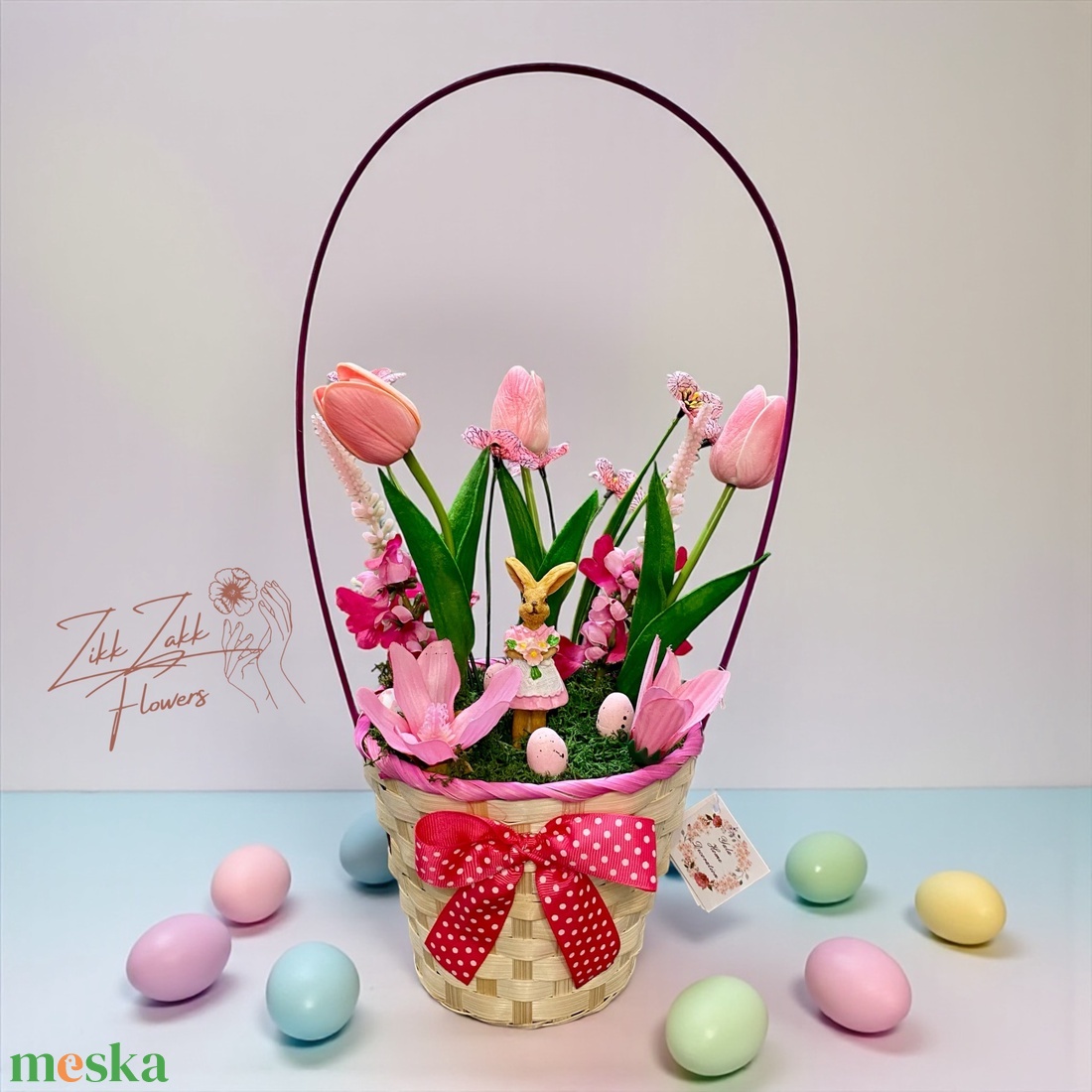 Húsvéti Nyuszis Virágkompozíció � Rózsaszín Díszkosárban - ünnepi díszek, dekorációk - húsvéti díszek és dekorációk - húsvéti asztaldíszek - Meska.hu