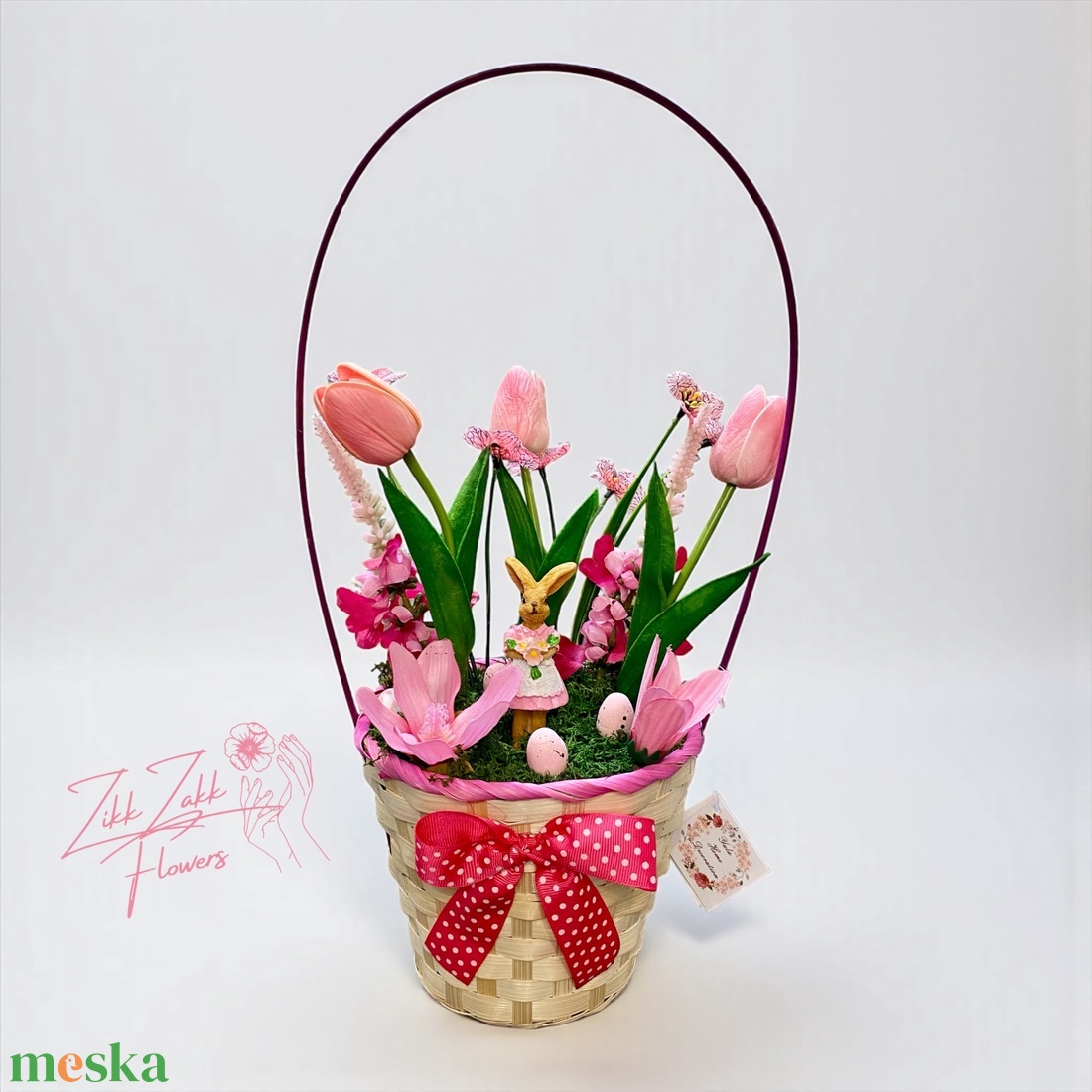 Húsvéti Nyuszis Virágkompozíció � Rózsaszín Díszkosárban - ünnepi díszek, dekorációk - húsvéti díszek és dekorációk - húsvéti asztaldíszek - Meska.hu