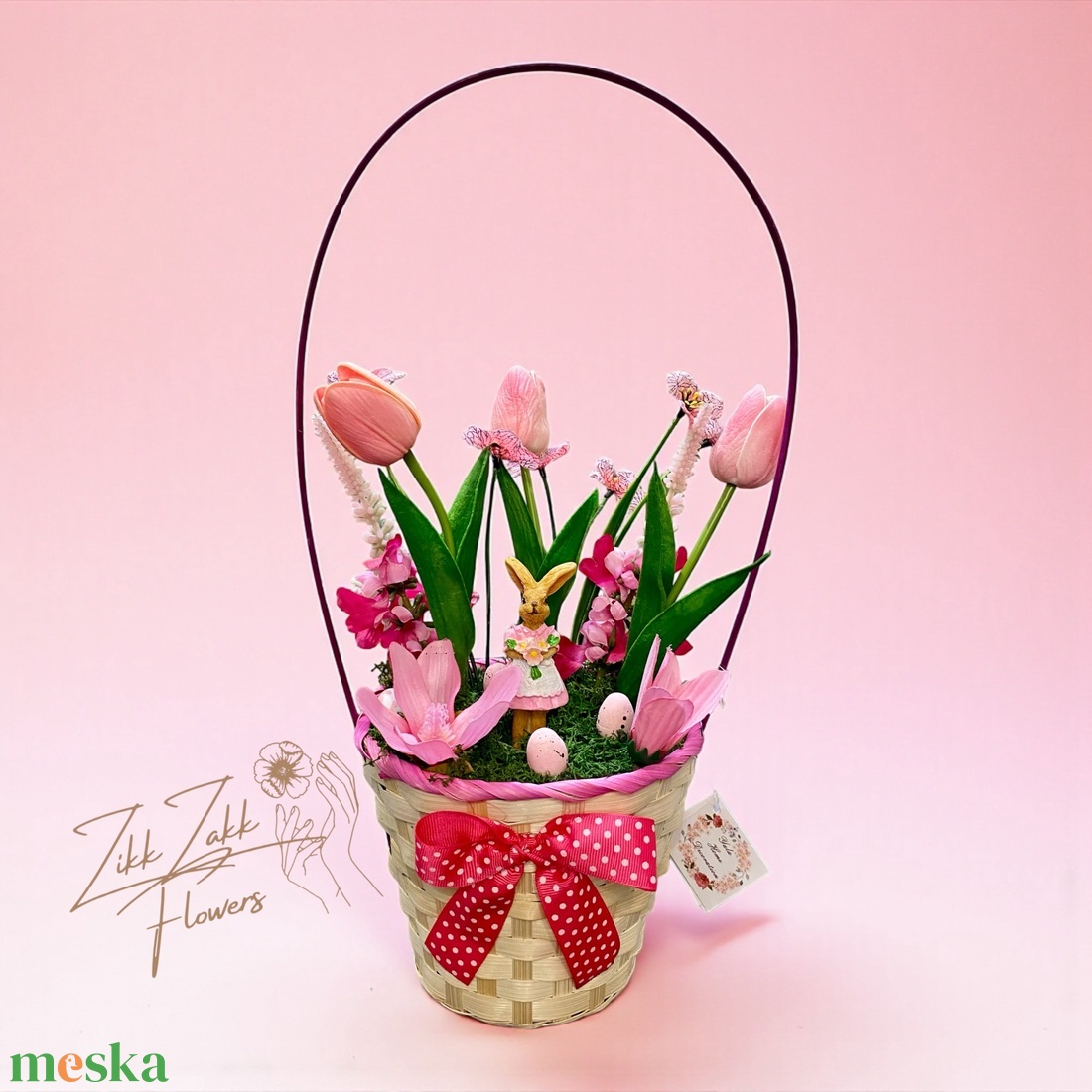 Húsvéti Nyuszis Virágkompozíció � Rózsaszín Díszkosárban - ünnepi díszek, dekorációk - húsvéti díszek és dekorációk - húsvéti asztaldíszek - Meska.hu