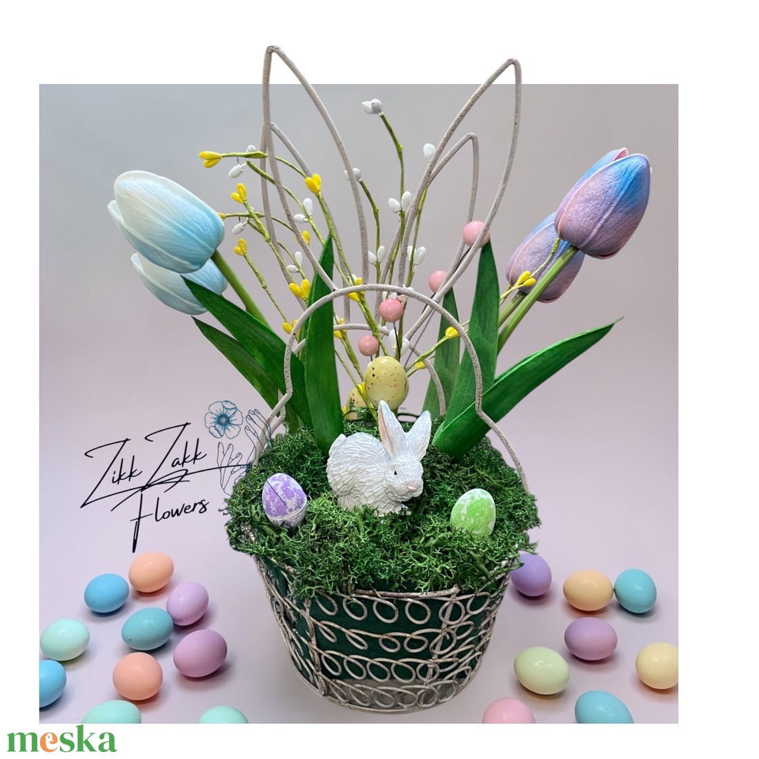 Nyuszis Húsvéti Asztaldísz Tulipánokkal - ünnepi díszek, dekorációk - húsvéti díszek és dekorációk - húsvéti asztaldíszek - Meska.hu