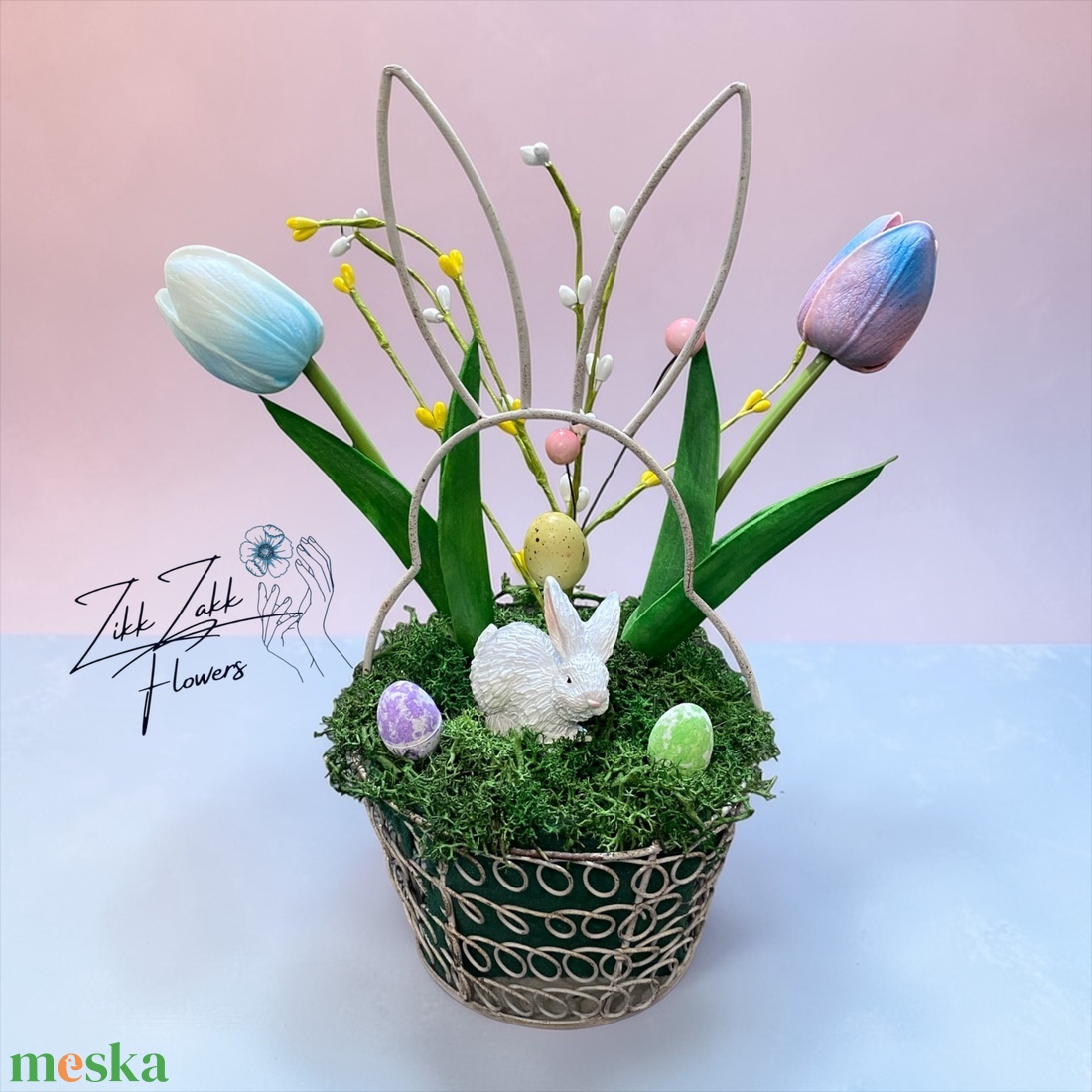 Nyuszis Húsvéti Asztaldísz Tulipánokkal - ünnepi díszek, dekorációk - húsvéti díszek és dekorációk - húsvéti asztaldíszek - Meska.hu