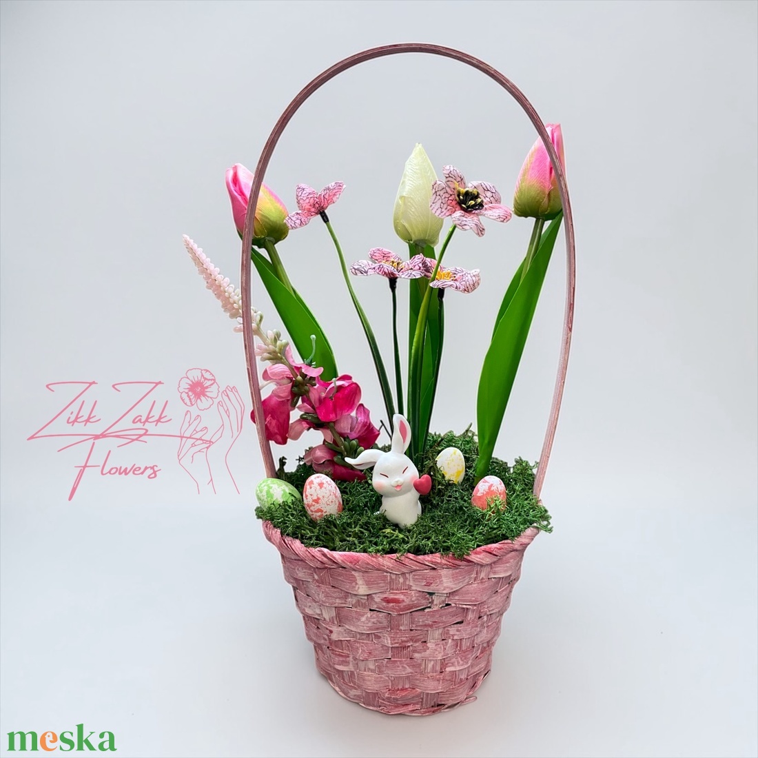 Rózsaszín Húsvéti Kosár � Nyuszis Virágkompozíció - ünnepi díszek, dekorációk - húsvéti díszek és dekorációk - húsvéti asztaldíszek - Meska.hu