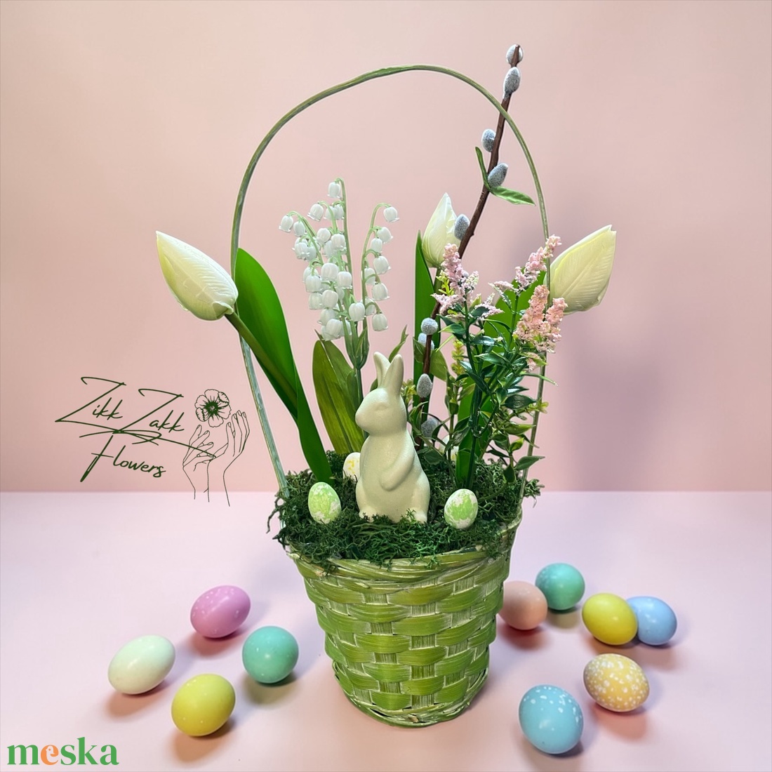 Zöld Húsvéti Kosár � Tavaszi Virágkompozíció - ünnepi díszek, dekorációk - húsvéti díszek és dekorációk - húsvéti asztaldíszek - Meska.hu