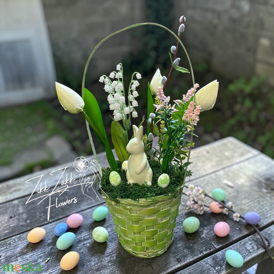 Zöld Húsvéti Kosár � Tavaszi Virágkompozíció - ünnepi díszek, dekorációk - húsvéti díszek és dekorációk - húsvéti asztaldíszek - Meska.hu