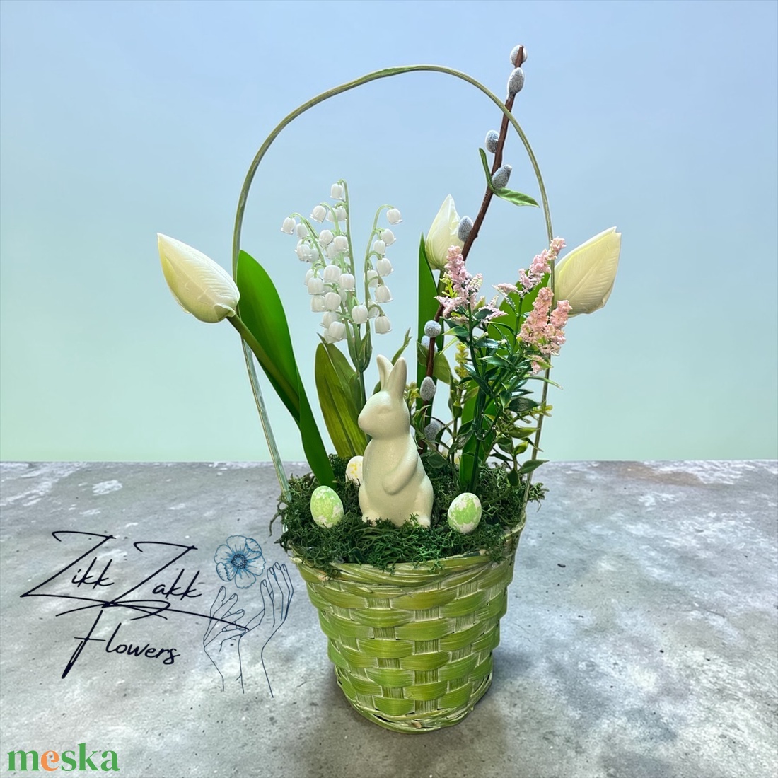Zöld Húsvéti Kosár � Tavaszi Virágkompozíció - ünnepi díszek, dekorációk - húsvéti díszek és dekorációk - húsvéti asztaldíszek - Meska.hu
