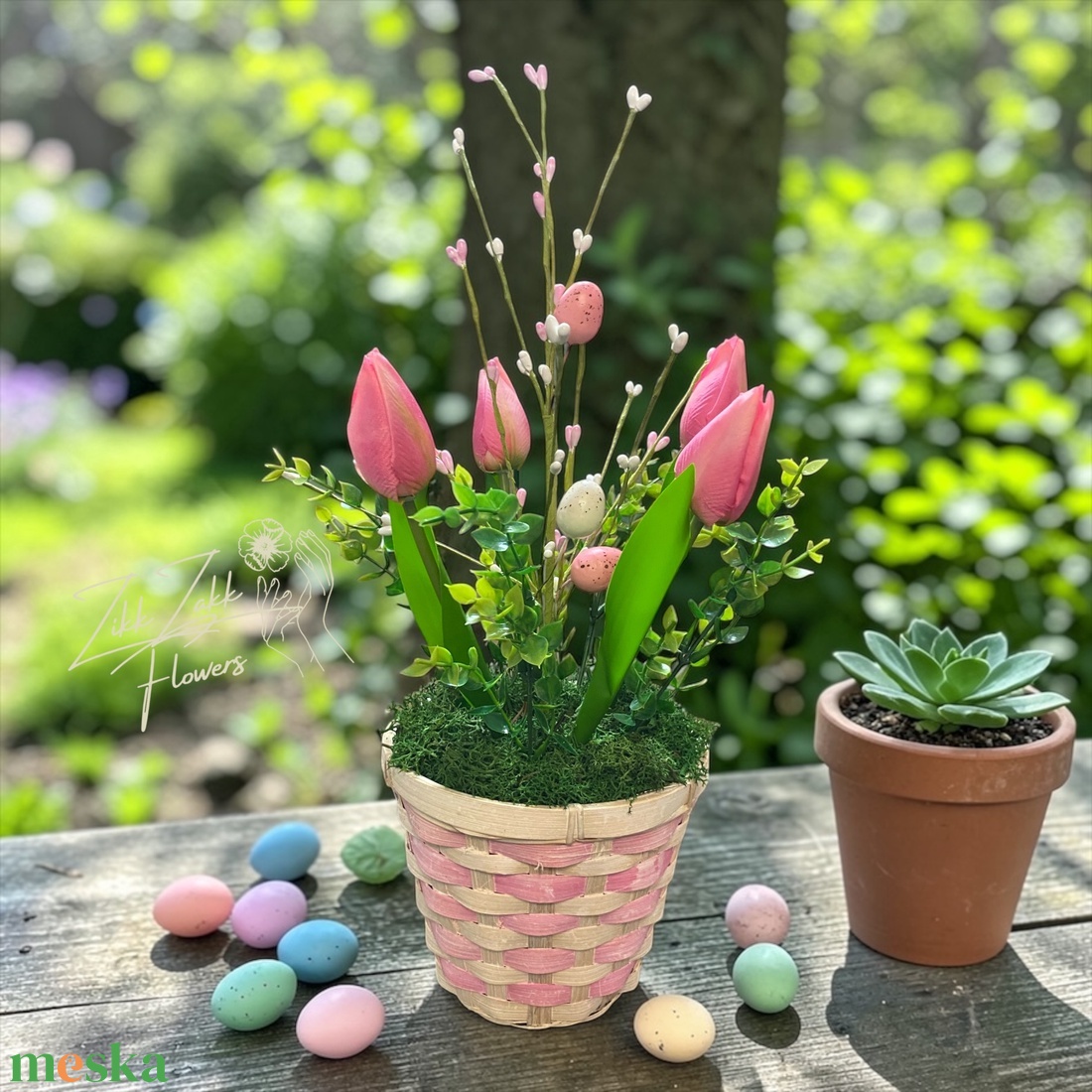 Rózsaszín Tulipános Húsvéti Kosár - ünnepi díszek, dekorációk - húsvéti díszek és dekorációk - húsvéti asztaldíszek - Meska.hu