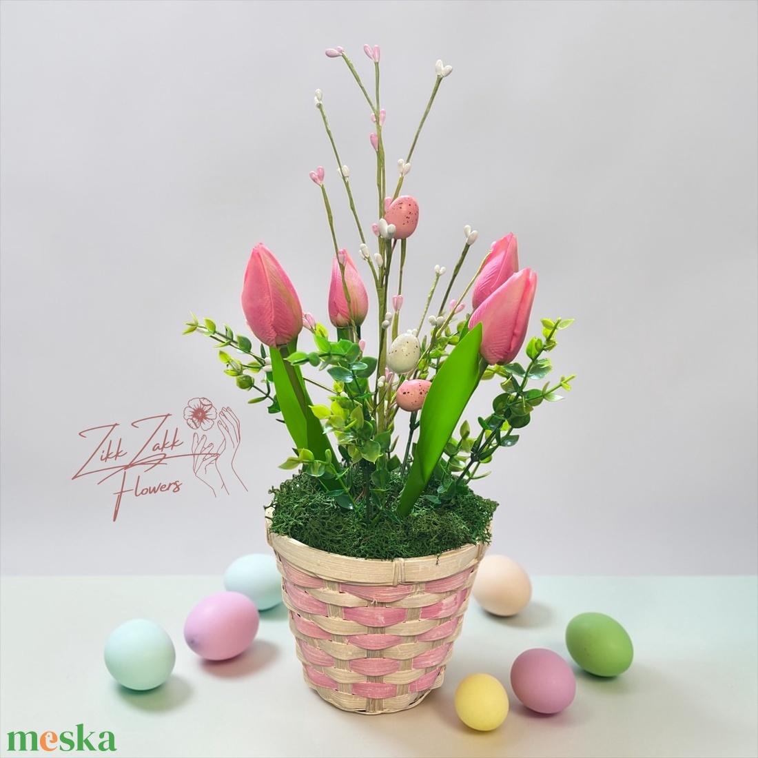 Rózsaszín Tulipános Húsvéti Kosár - ünnepi díszek, dekorációk - húsvéti díszek és dekorációk - húsvéti asztaldíszek - Meska.hu
