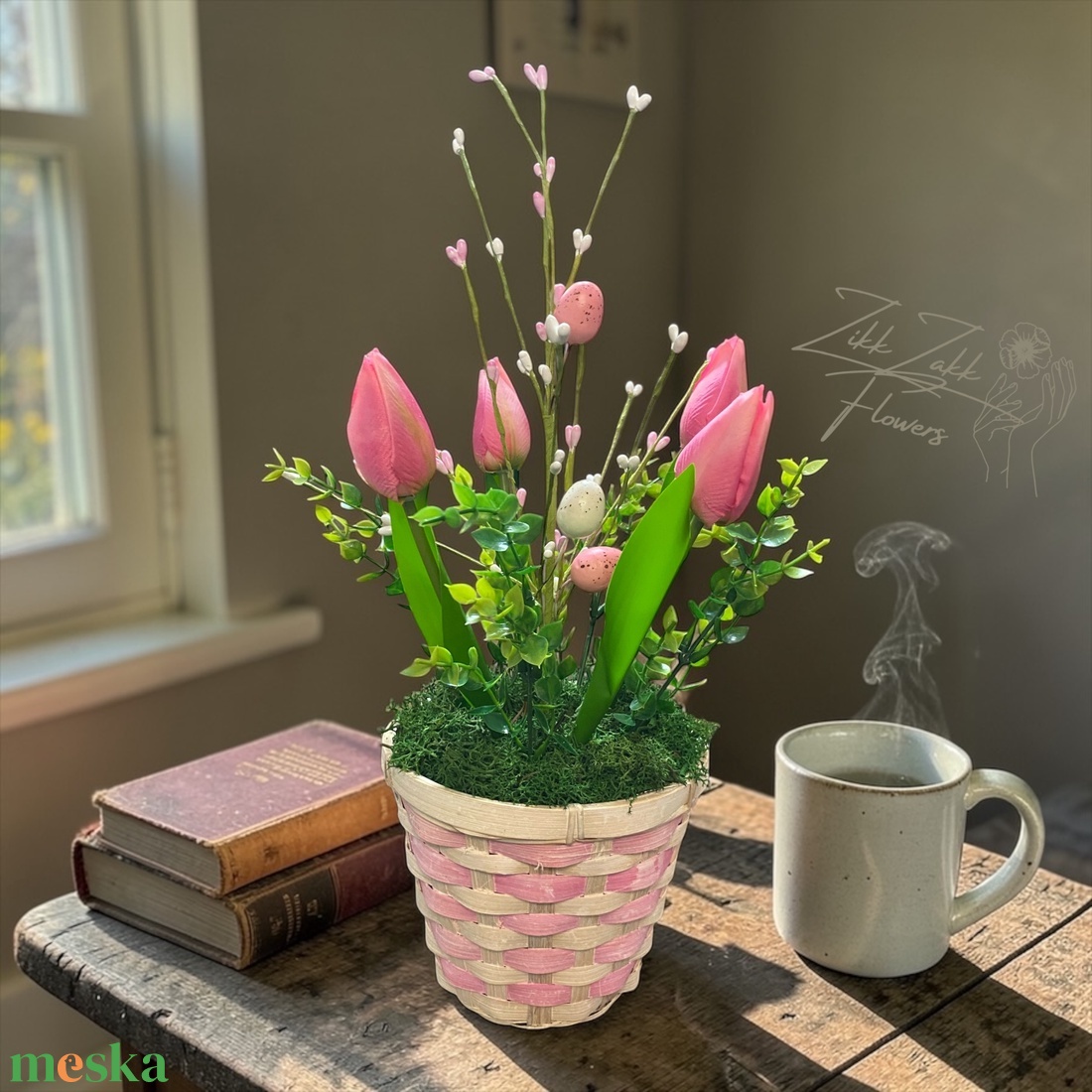 Rózsaszín Tulipános Húsvéti Kosár - ünnepi díszek, dekorációk - húsvéti díszek és dekorációk - húsvéti asztaldíszek - Meska.hu