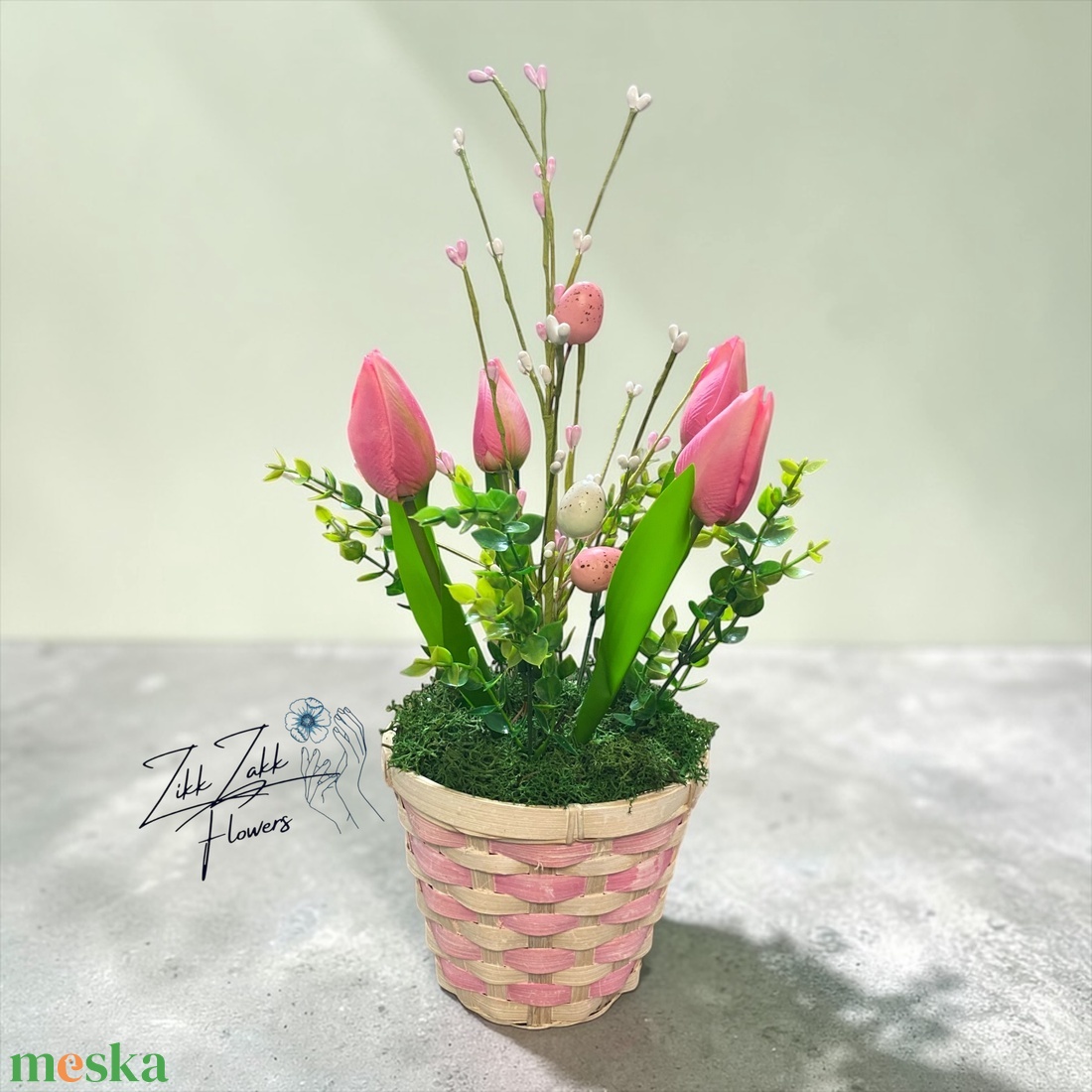 Rózsaszín Tulipános Húsvéti Kosár - ünnepi díszek, dekorációk - húsvéti díszek és dekorációk - húsvéti asztaldíszek - Meska.hu