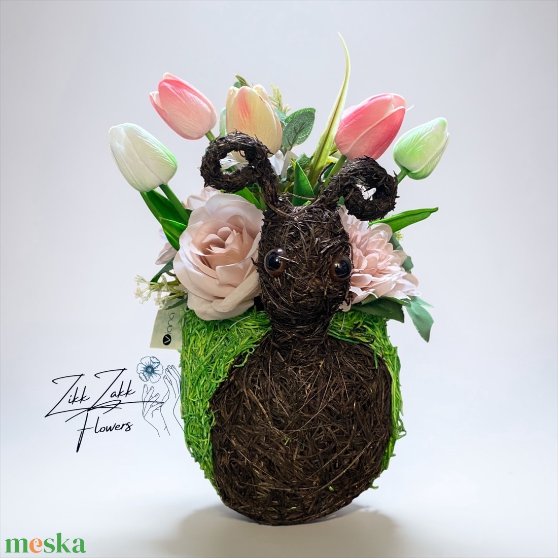 Csiga Kaspós Tulipános Tavaszi Virágkompozíció - otthon & életmód - dekoráció - asztal és polc dekoráció - asztaldísz - Meska.hu