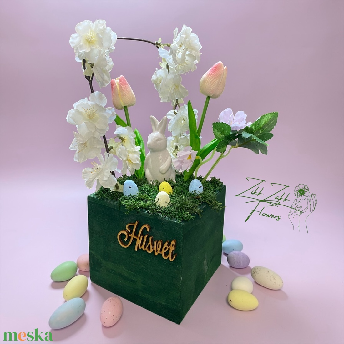 Húsvéti Tulipános Kompozíció Zöld Fa Dobozban - ünnepi díszek, dekorációk - húsvéti díszek és dekorációk - húsvéti asztaldíszek - Meska.hu
