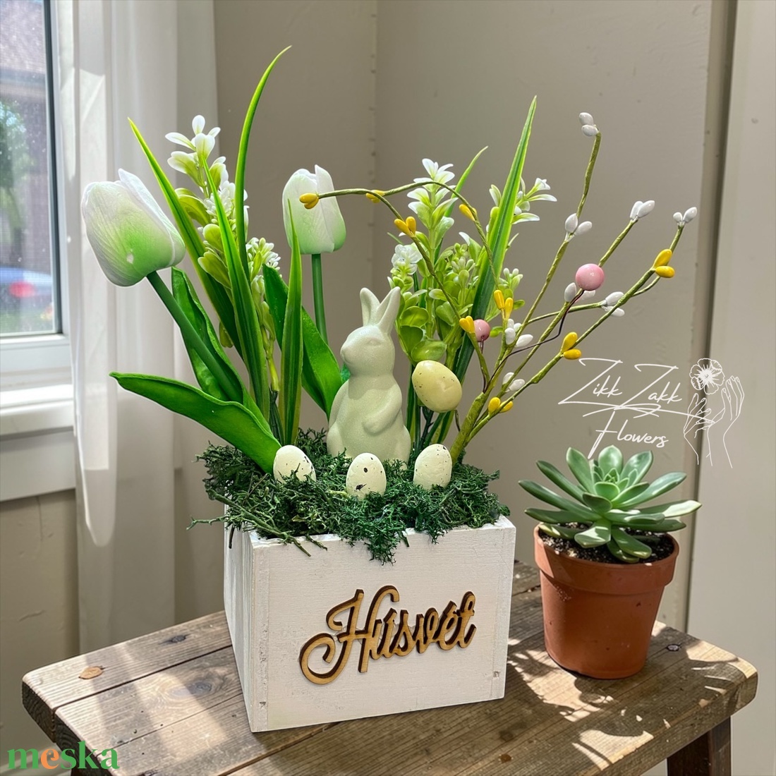 Húsvéti Tulipános Virágkompozíció Fa Dobozban - ünnepi díszek, dekorációk - húsvéti díszek és dekorációk - húsvéti asztaldíszek - Meska.hu