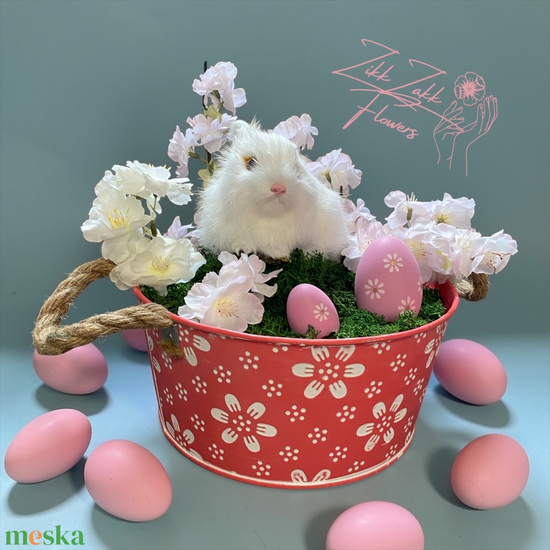 Húsvéti Nyuszis Virágkompozíció Dekor Kosárban - ünnepi díszek, dekorációk - húsvéti díszek és dekorációk - húsvéti asztaldíszek - Meska.hu