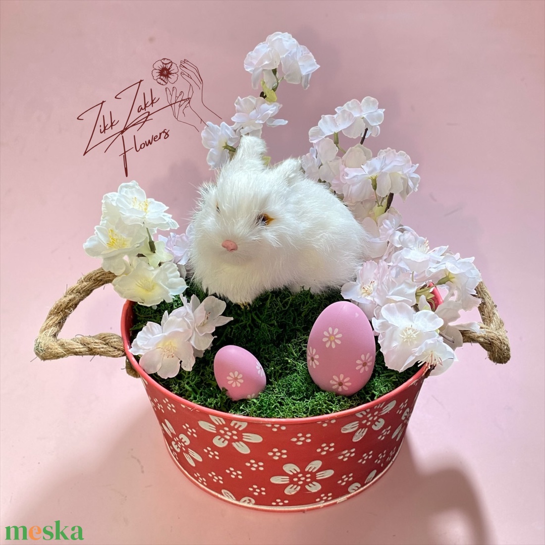 Húsvéti Nyuszis Virágkompozíció Dekor Kosárban - ünnepi díszek, dekorációk - húsvéti díszek és dekorációk - húsvéti asztaldíszek - Meska.hu
