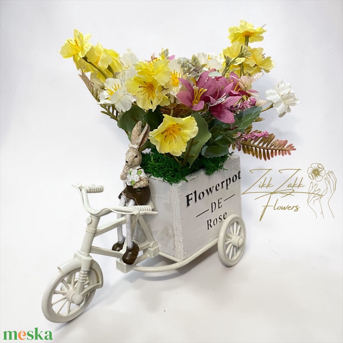 Nyuszis Biciklis Tavaszi Virágkompozíció - ünnepi díszek, dekorációk - húsvéti díszek és dekorációk - húsvéti asztaldíszek - Meska.hu