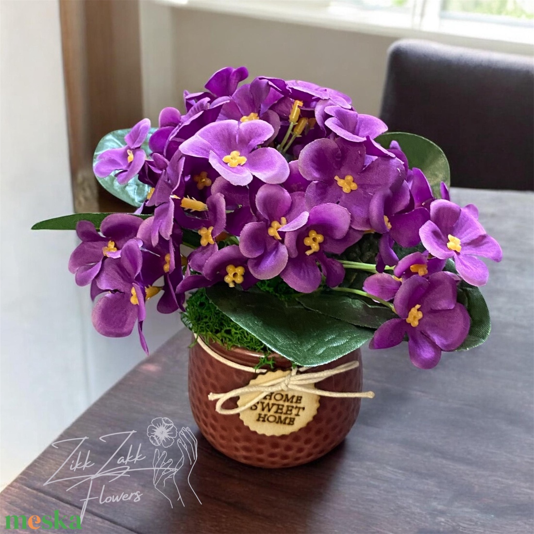 Lila ibolya kompozíció HOME kaspóban - otthon & életmód - dekoráció - asztal és polc dekoráció - asztaldísz - Meska.hu