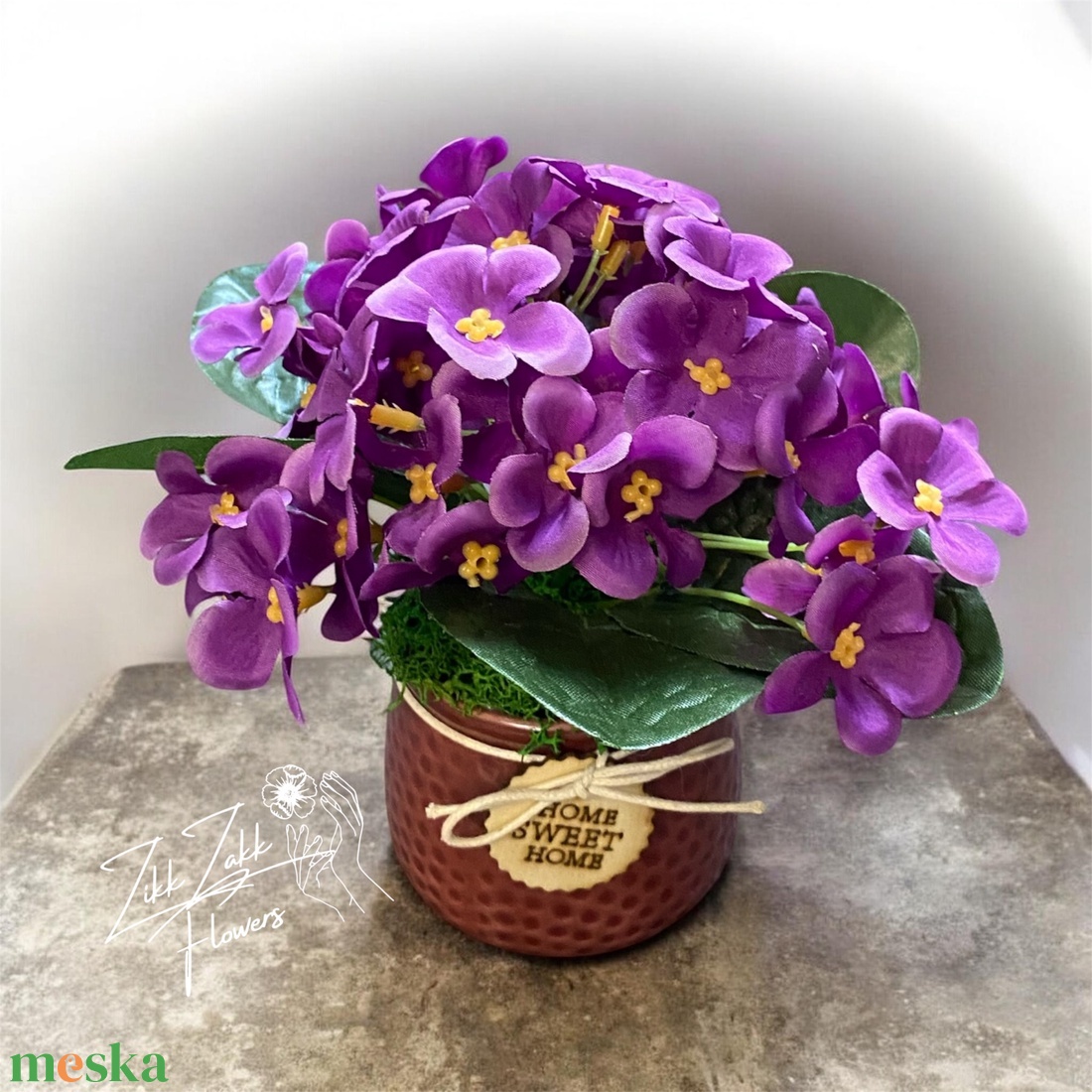 Lila ibolya kompozíció HOME kaspóban - otthon & életmód - dekoráció - asztal és polc dekoráció - asztaldísz - Meska.hu