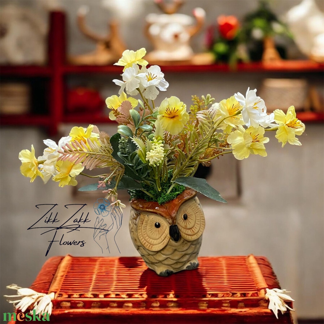 Sárga virág kompozíció bagoly kaspóban - otthon & életmód - dekoráció - asztal és polc dekoráció - asztaldísz - Meska.hu
