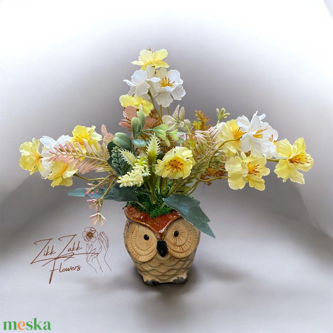 Sárga virág kompozíció bagoly kaspóban - otthon & életmód - dekoráció - asztal és polc dekoráció - asztaldísz - Meska.hu