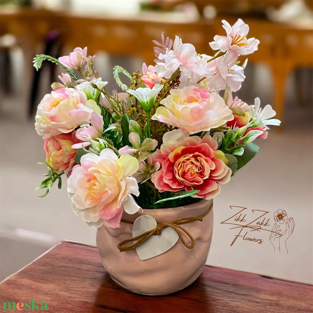 Pasztell rózsás örök virág kompozíció kaspóban - otthon & életmód - dekoráció - asztal és polc dekoráció - asztaldísz - Meska.hu