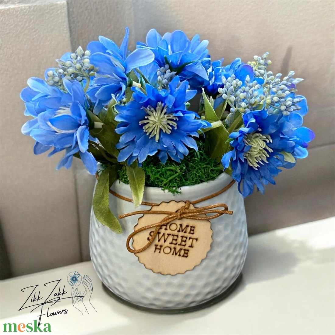 Kék virág kompozíció HOME kaspóban - otthon & életmód - dekoráció - asztal és polc dekoráció - asztaldísz - Meska.hu