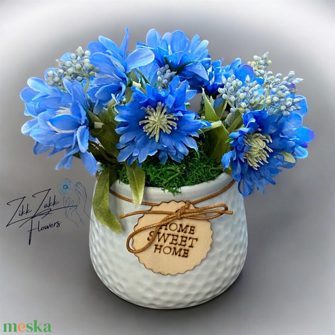 Kék virág kompozíció HOME kaspóban - otthon & életmód - dekoráció - asztal és polc dekoráció - asztaldísz - Meska.hu