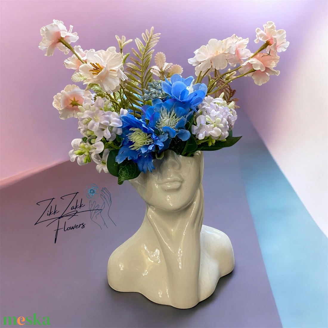 Női fej kaspó virágkompozícióval - otthon & életmód - virágdekoráció - virágdíszek - asztali virágdísz - Meska.hu