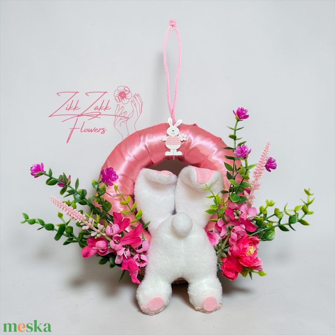 Húsvéti ajtódísz nyuszival � élénk rózsaszín virágos - ünnepi díszek, dekorációk - húsvéti díszek és dekorációk - húsvéti ajtódísz, kopogtató - Meska.hu