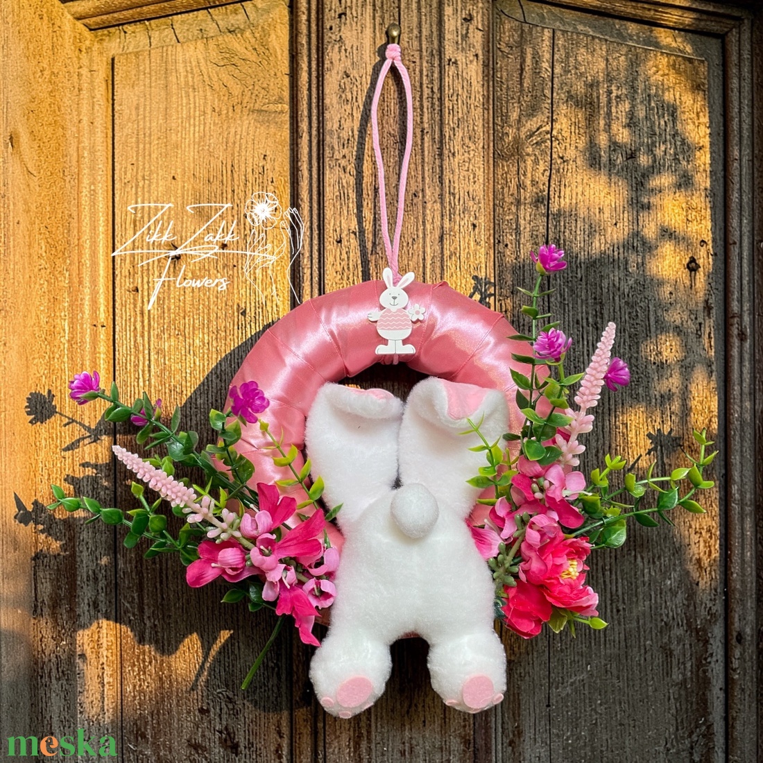 Húsvéti ajtódísz nyuszival � élénk rózsaszín virágos - ünnepi díszek, dekorációk - húsvéti díszek és dekorációk - húsvéti ajtódísz, kopogtató - Meska.hu