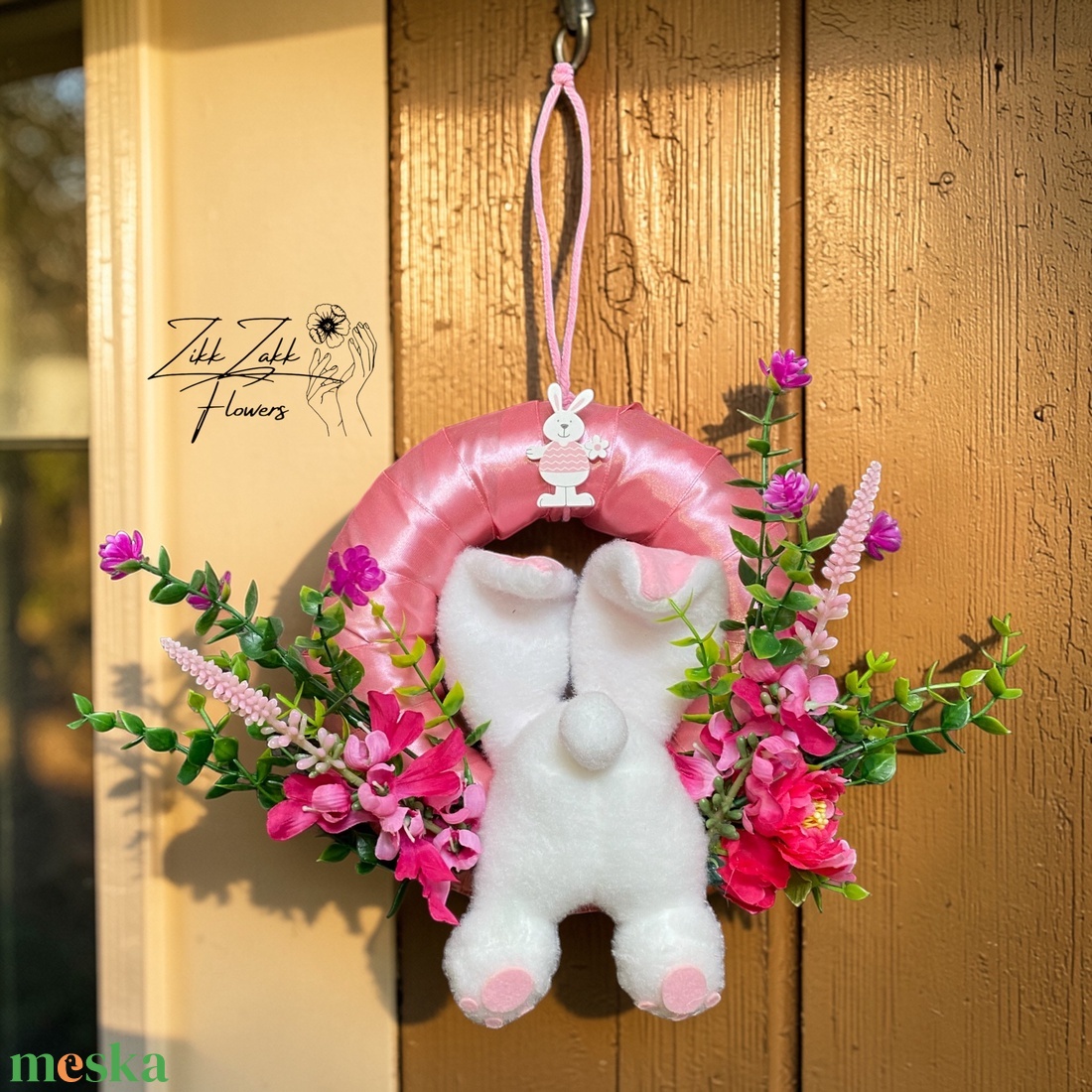 Húsvéti ajtódísz nyuszival � élénk rózsaszín virágos - ünnepi díszek, dekorációk - húsvéti díszek és dekorációk - húsvéti ajtódísz, kopogtató - Meska.hu