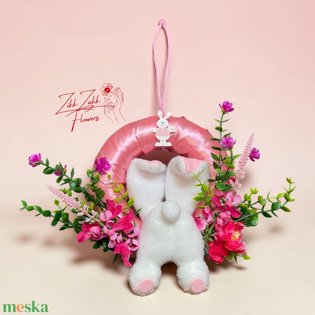 Húsvéti ajtódísz nyuszival � élénk rózsaszín virágos - ünnepi díszek, dekorációk - húsvéti díszek és dekorációk - húsvéti ajtódísz, kopogtató - Meska.hu