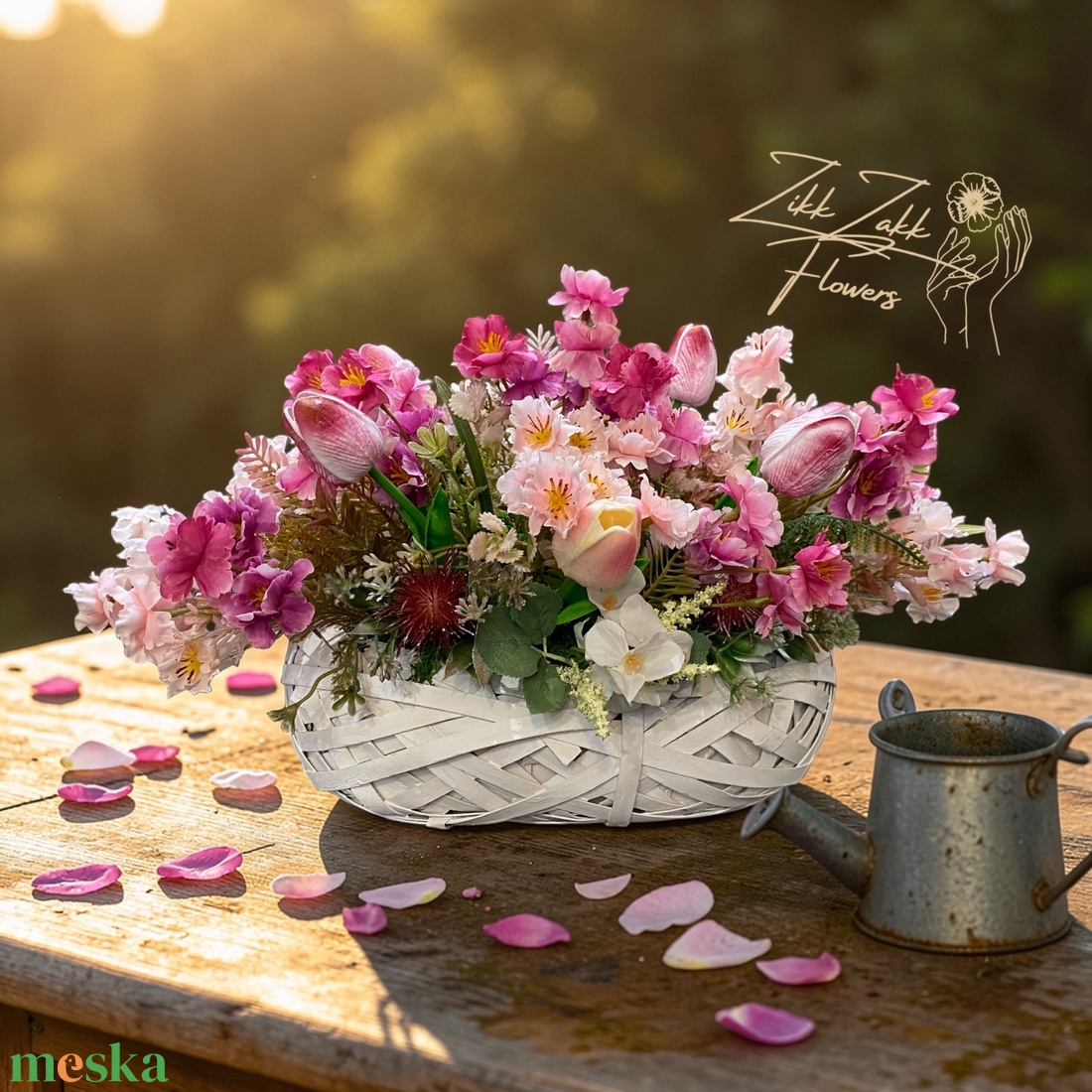 Nagy méretű virágkompozíció fonott kosárban - otthon & életmód - virágdekoráció - virágdíszek - asztali virágdísz - Meska.hu
