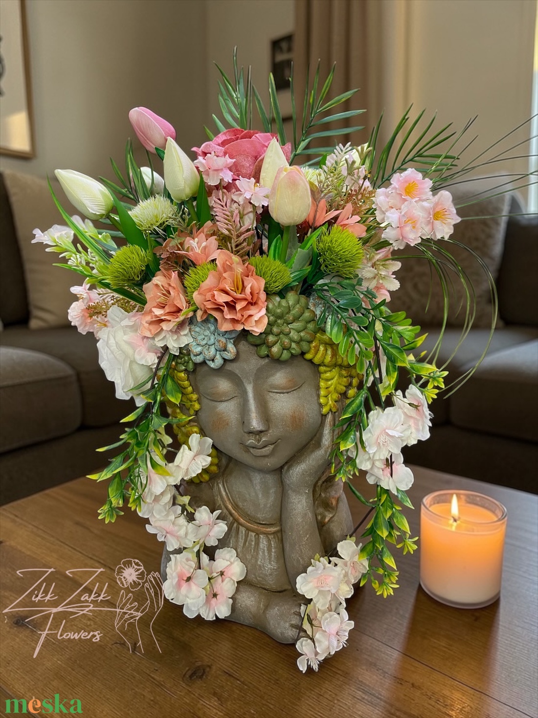 Virágos női fej kaspó tavaszi virágkompozícióval - otthon & életmód - dekoráció - asztal és polc dekoráció - asztaldísz - Meska.hu