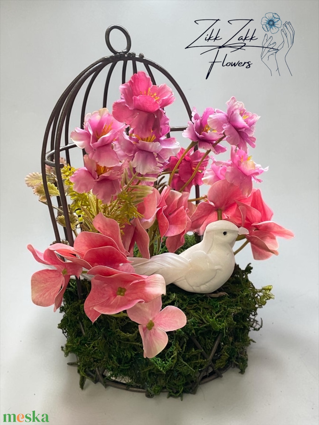 Madaras virágkompozíció kalitkában � rózsaszín örök virágokkal - otthon & életmód - dekoráció - asztal és polc dekoráció - asztaldísz - Meska.hu