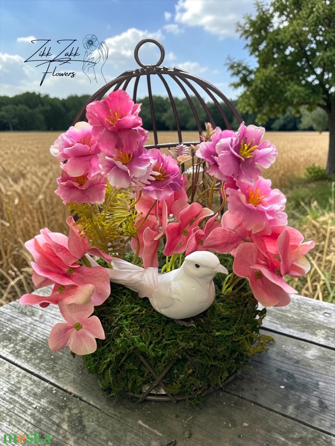 Madaras virágkompozíció kalitkában � rózsaszín örök virágokkal - otthon & életmód - dekoráció - asztal és polc dekoráció - asztaldísz - Meska.hu