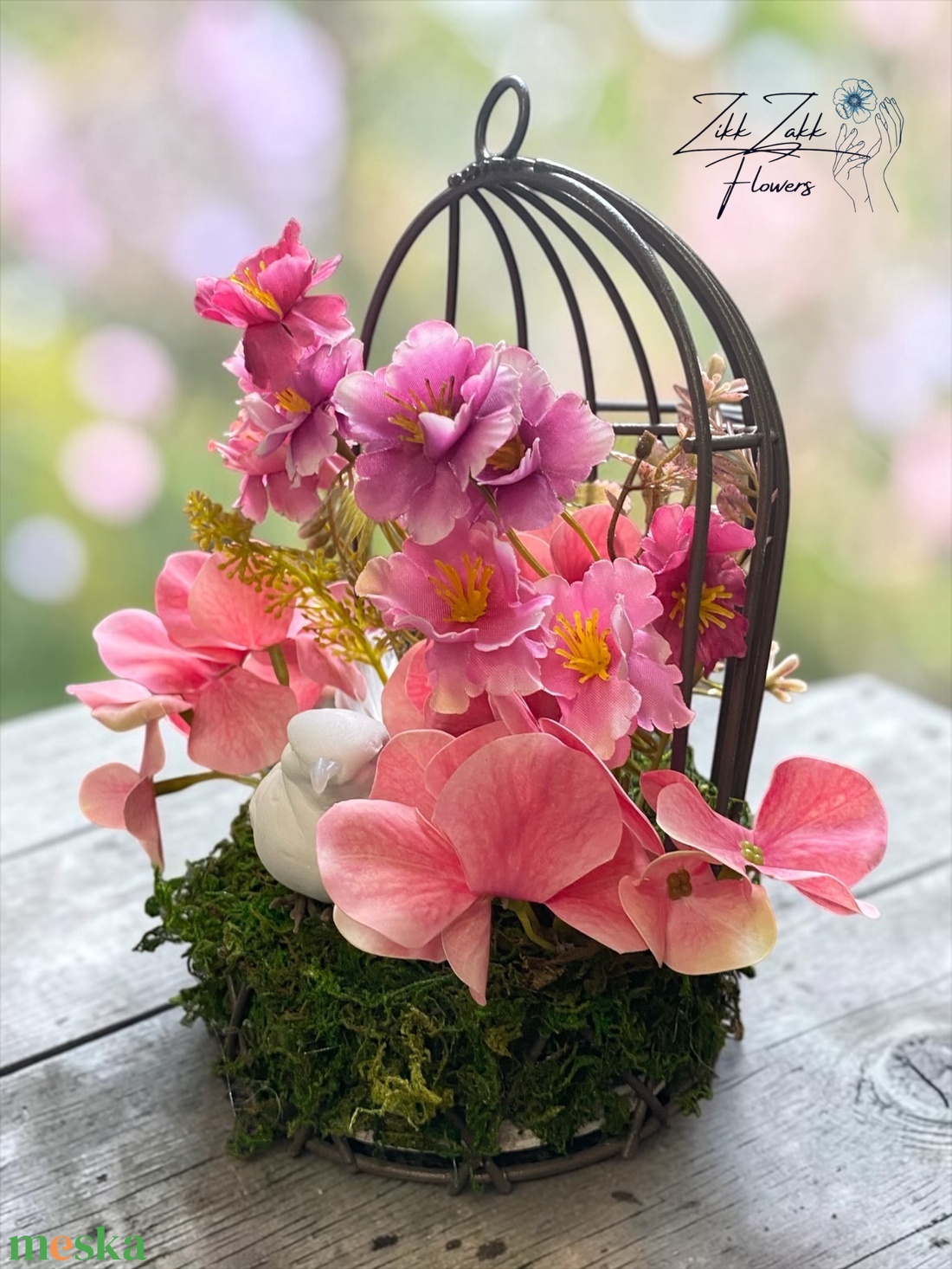 Madaras virágkompozíció kalitkában � rózsaszín örök virágokkal - otthon & életmód - dekoráció - asztal és polc dekoráció - asztaldísz - Meska.hu