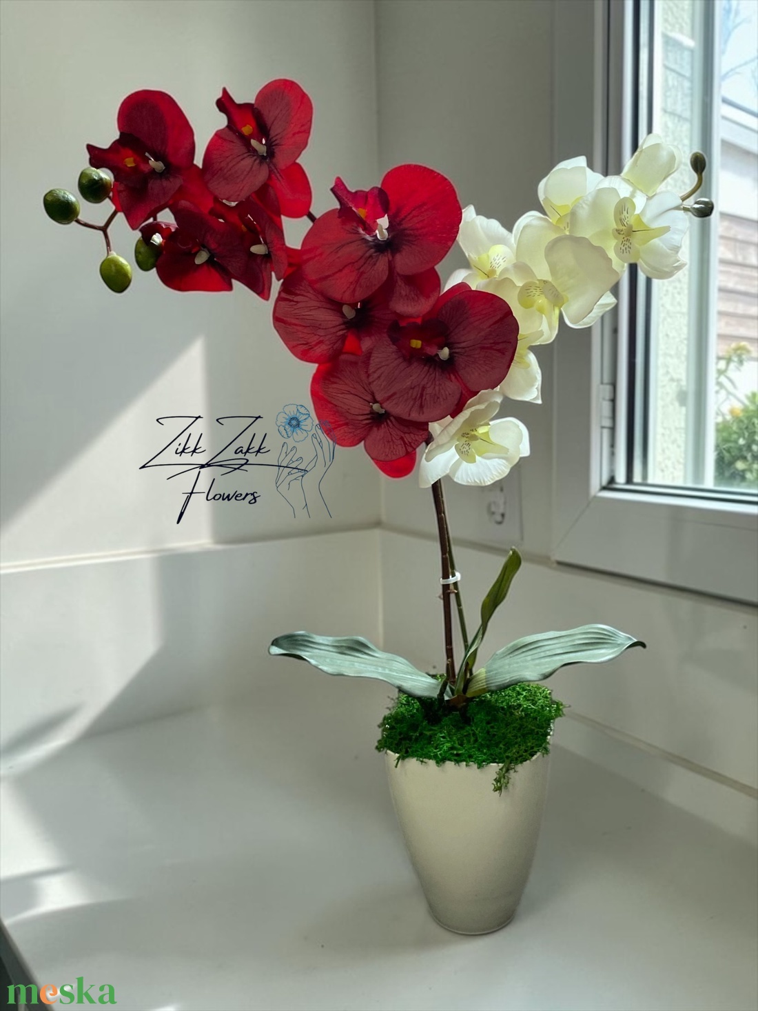 Örök orchidea kompozíció kaspóban � piros-fehér - otthon & életmód - virágdekoráció - virágdíszek - asztali virágdísz - Meska.hu